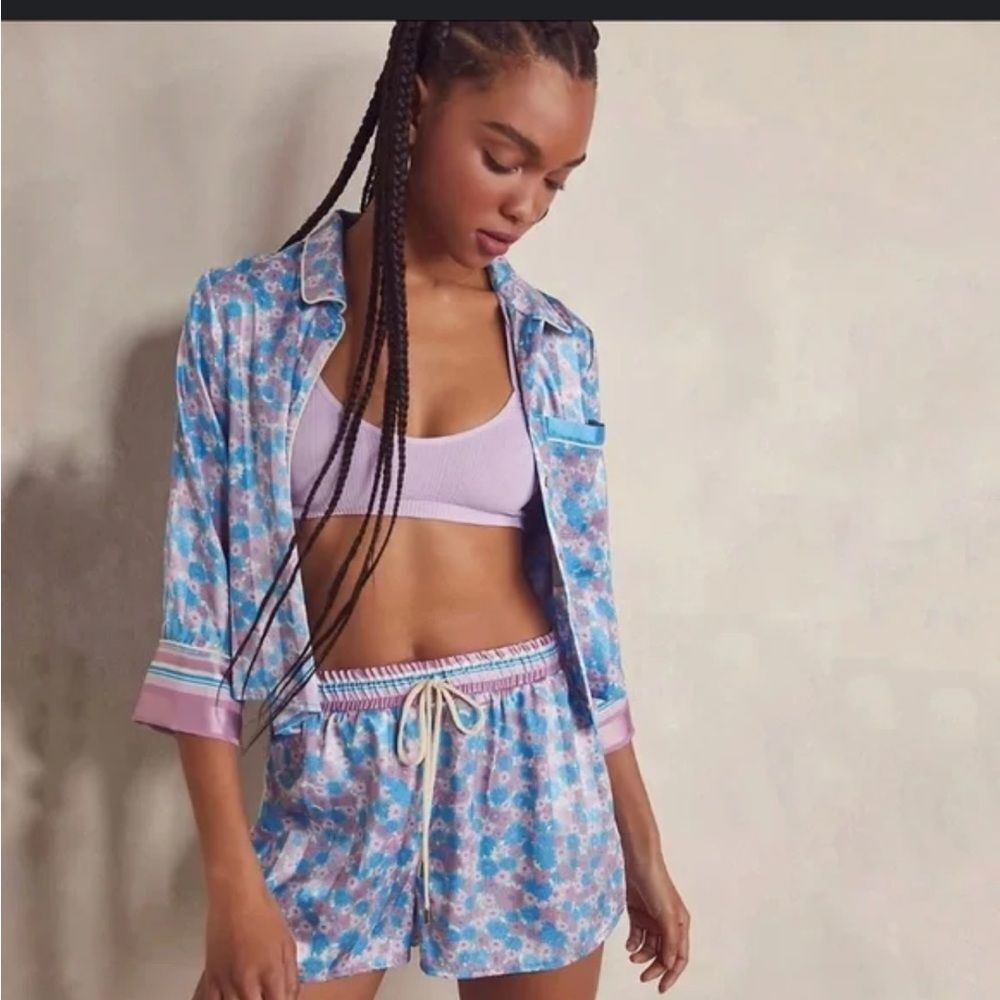 Free People M Pillow Talk Satin‎ Pajama Set Lilac Blue Floral Print Silky New